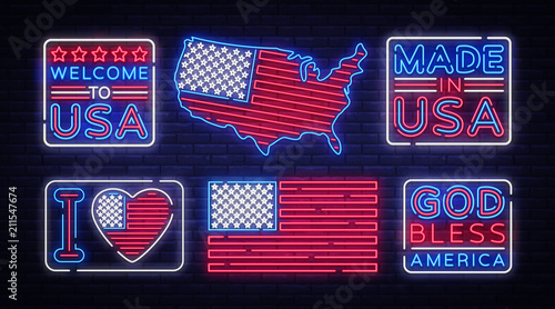 USA flag badges collection neon vector sign. I love USA, Made in USA symbol banner light, bright night Illustration. Vector illustration