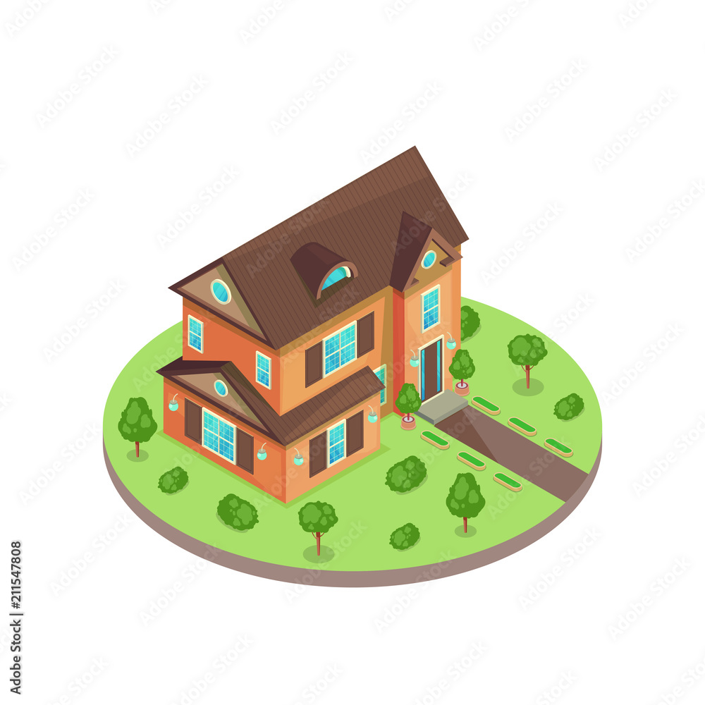 Classical two stories 3d isometric style residential house in green yard. Vector isolated illustration. Real estate icon
