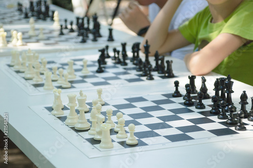 Children play chess outdoors in the summer.