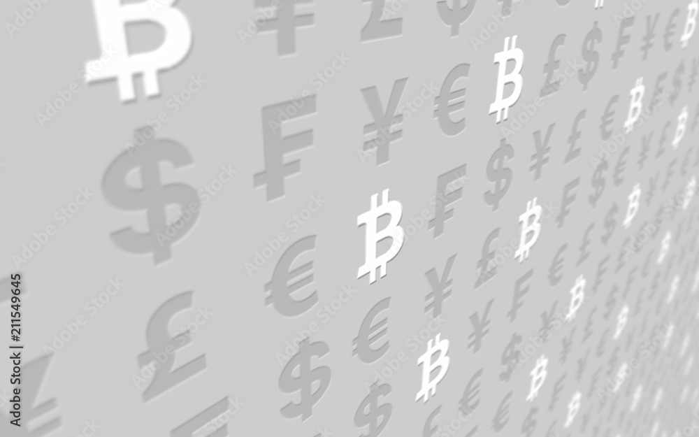 Bitcoin and currency on a gray background. Digital Cryptocurrency symbol. Business concept. Market Display. 3D illustration Bitcoin and currency on a gray background. Digital Cryptocurrency symbol. Business concept. Market Display. 3D illustration