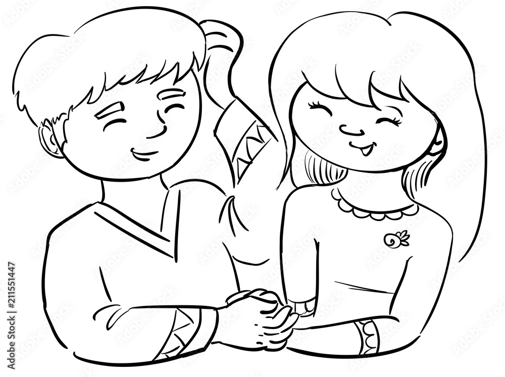 Vector cartoon line boy and girl in love