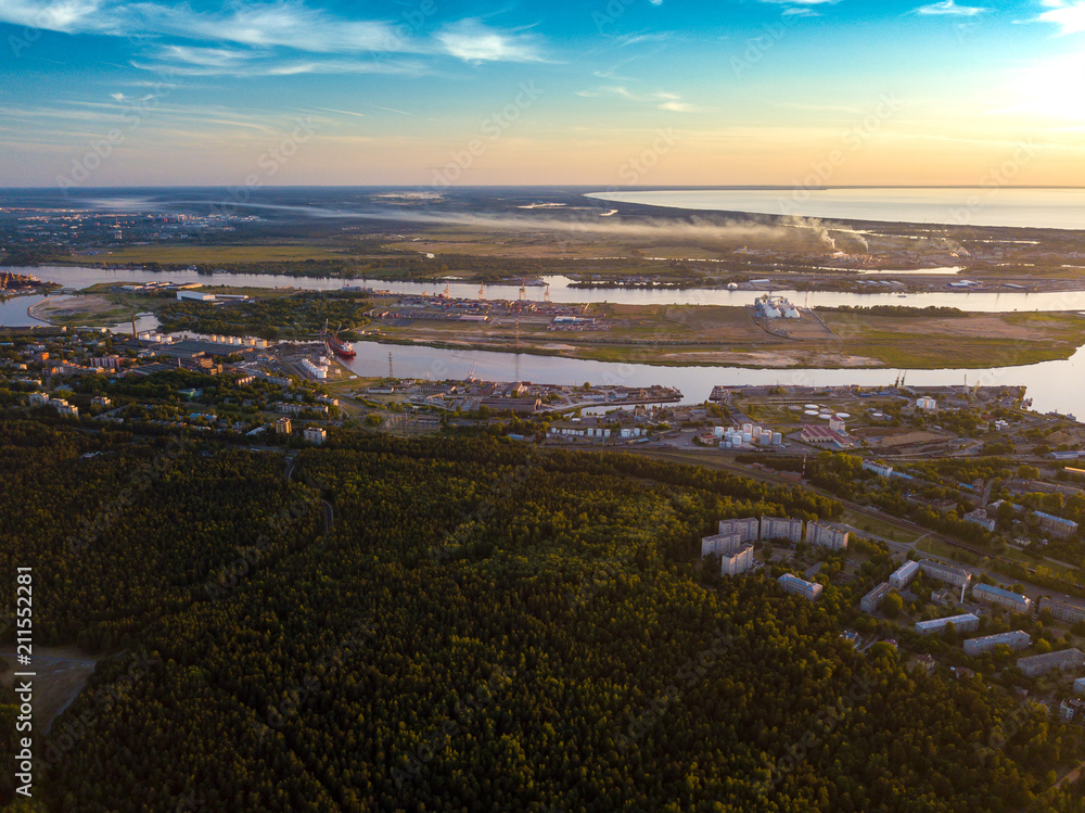 Riga, Aerial view to estuary of the river Daugava