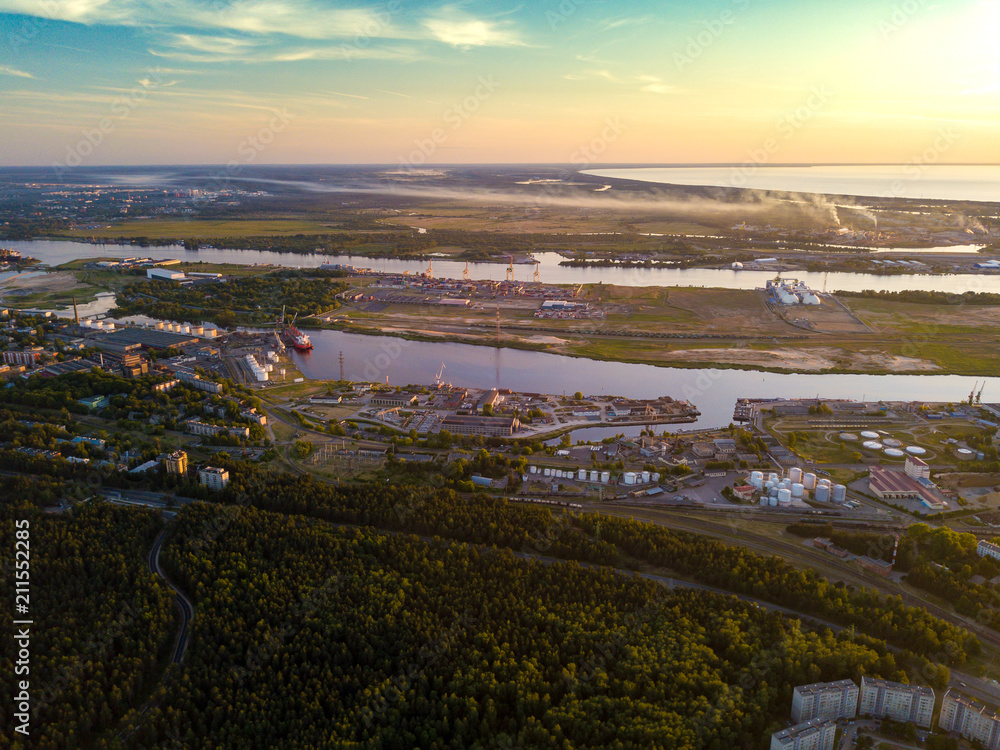 Riga, Aerial view to estuary of the river Daugava