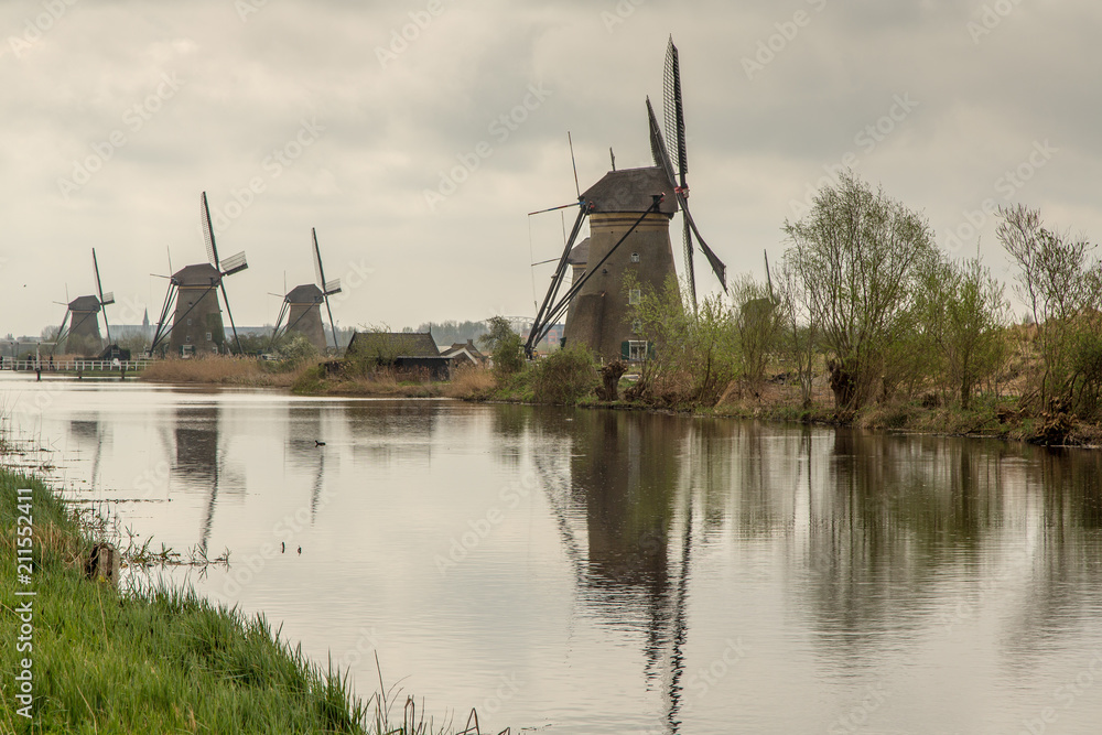 Windmills Reflected in the Canal at Kinderdijk 