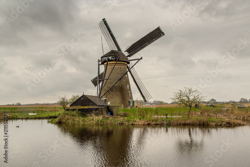 A Windmill in Kinderdijk, Holland on a Rainy Day