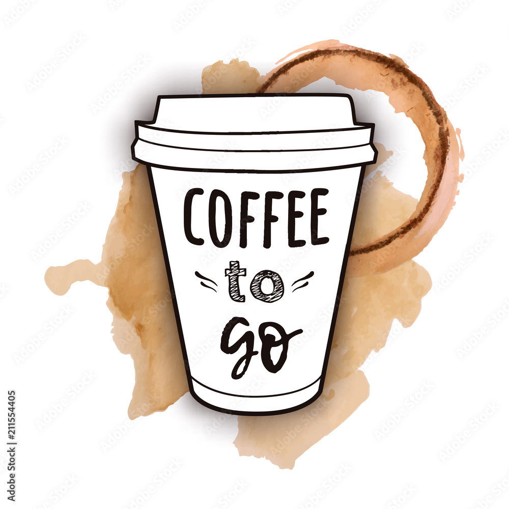 Vector illustration of a take away coffee cup with phrase "Coffee to go"  with watercolor splashes of spilled coffee. Vintage drawing for drink and  beverage menu or cafe design. Stock Vector