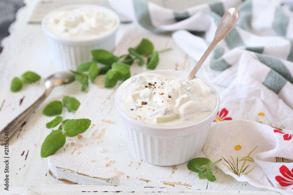 Summer light salad: Greek yoghurt, garlic, mint and cucumber Summer light salad: Greek yoghurt, garlic, mint and cucumber