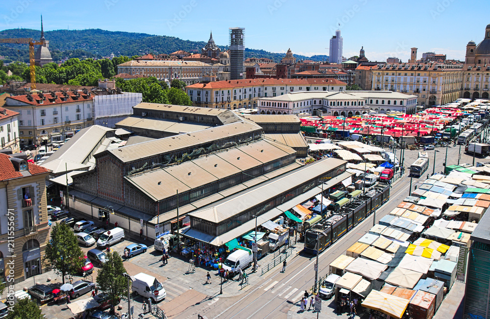 Porta Palazzo old traditional market in Turin, Italy, aerial view with  cityscape Stock Photo | Adobe Stock