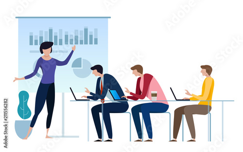 Corporate business manager explaining quarter report data to directors board. Financial results presentation standing in front of projecting screen. Flat style vector illustration.