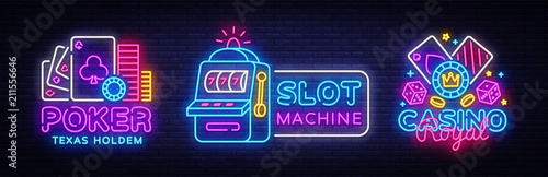 Casino Neon sign collection design vector template. Casino, Poker Night Logo, Slot Machine, Bright Neon Signboard, Design Element for Casino, Gambling Neon, Bright Night Advertising. Vector