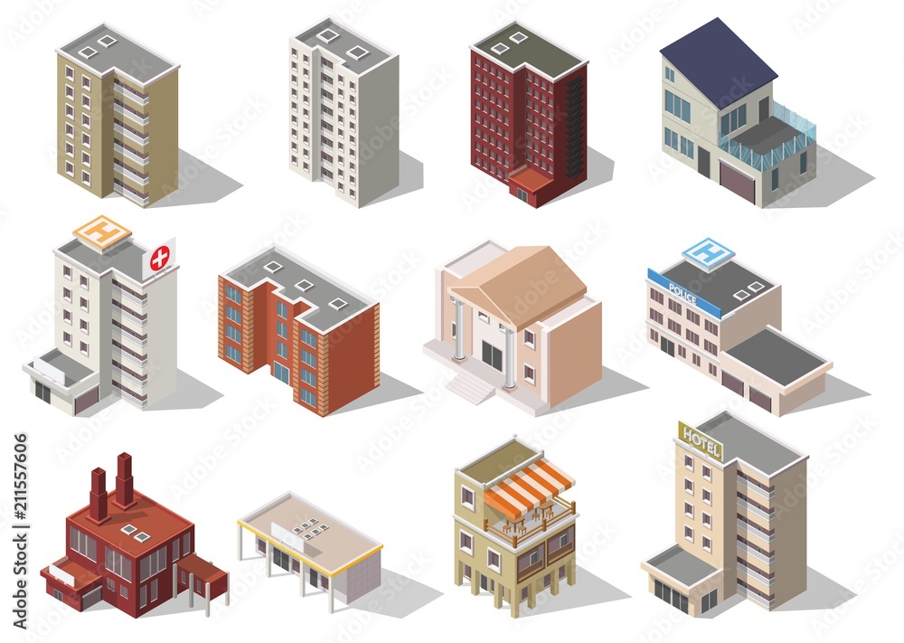 Big set low poly vectors of isometric illustration city street house ...