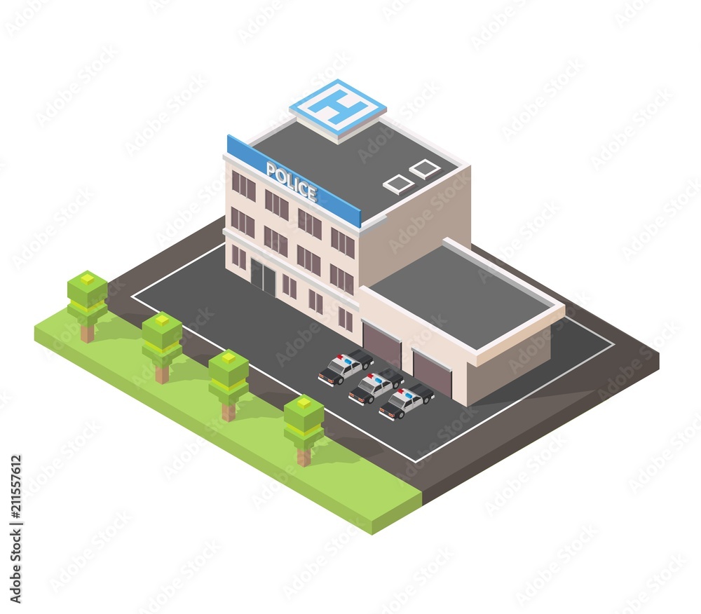 Isometric police station low poly building