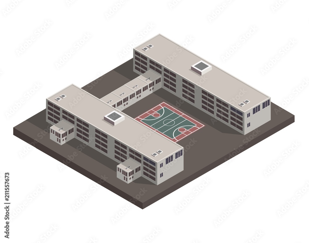 Low poly isometric prison building illustration Low poly isometric prison building illustration