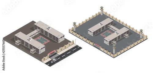 Low poly isometric prison building illustration
