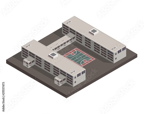 Low poly isometric prison building illustration