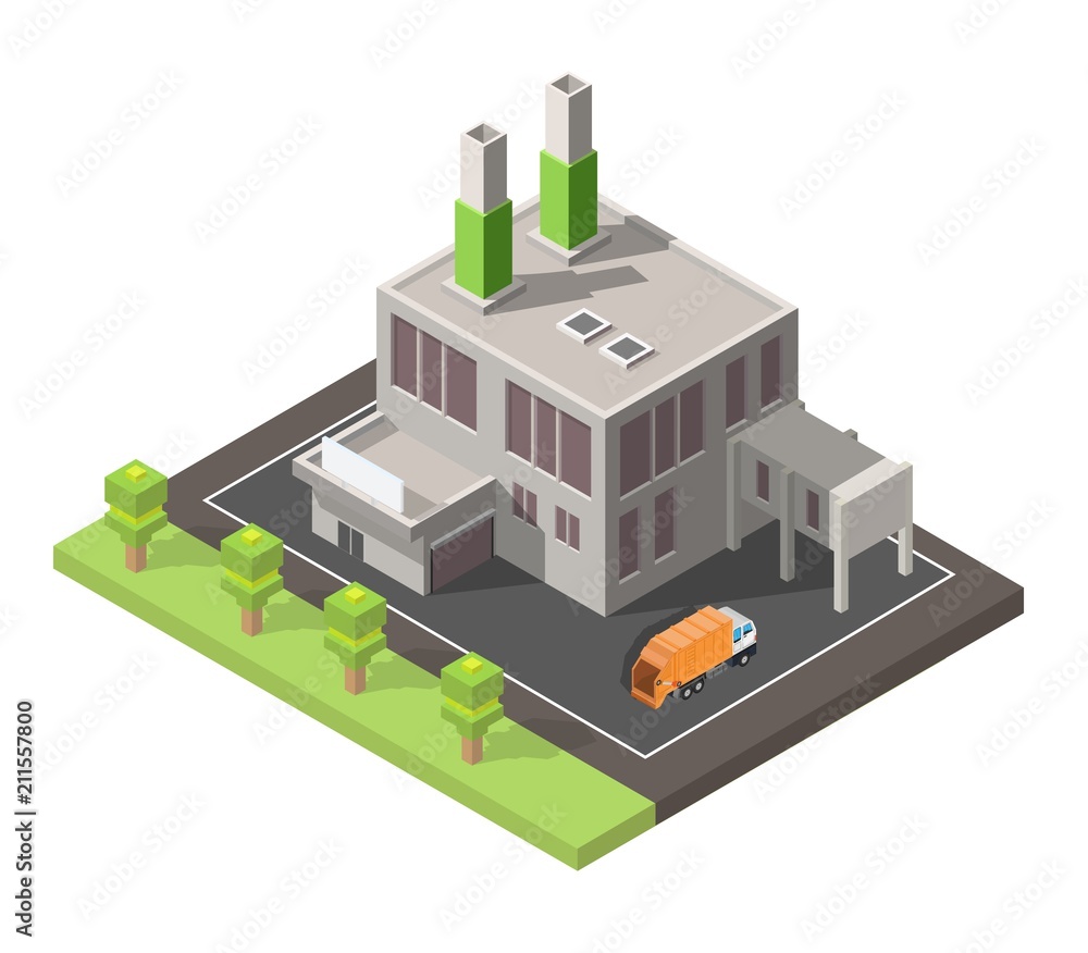 Isometric low poly waste processing plant isolated Isometric low poly waste processing plant isolated