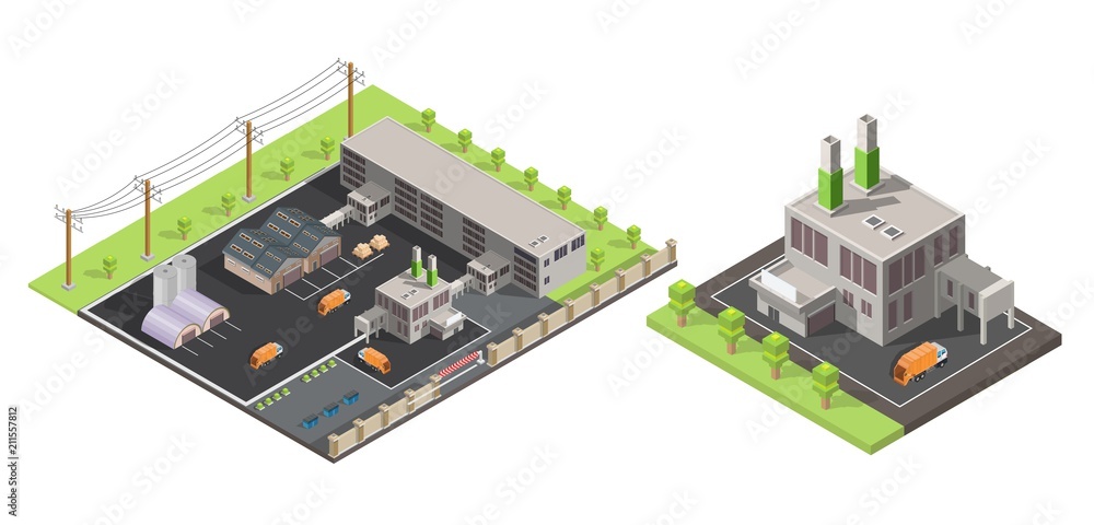 Isometric low poly waste processing plant isolated Isometric low poly waste processing plant isolated