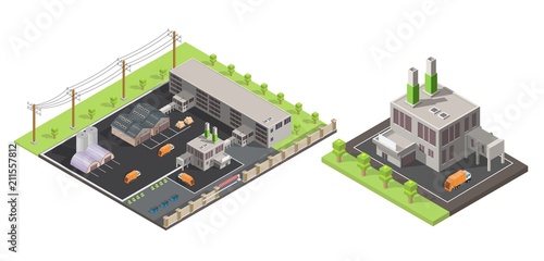 Isometric low poly waste processing plant isolated