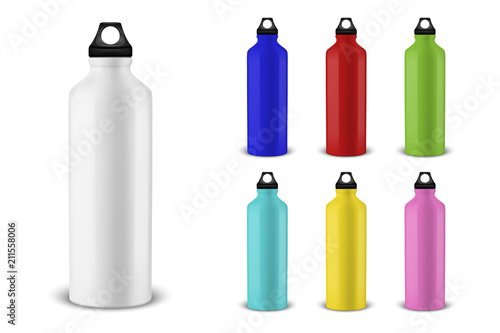 Vector realistic 3d different color empty glossy metal water bottle with black bung icon set closeup on white background. Design template of packaging mockup for graphics. Front view