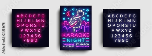 Karaoke night poster neon vector. Karaoke party design template, bright neon brochure, modern trend design, light banner, typography invitation party, postcard. Vector. Editing text neon sign