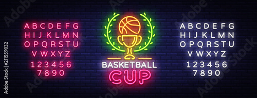 Basketball Tourament Night Neon Logo Vector. Basketball Cup neon sign, design template, modern trend design, sports neon signboard, night bright advertising, light art. Vector. Editing text neon sign photo