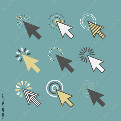 Abstract funky active click cursor pointers icons set on teal background