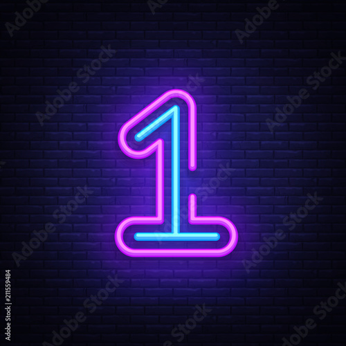 Number One symbol neon sign vector. First, Number One template neon icon, light banner, neon signboard, nightly bright advertising, light inscription. Vector illustration