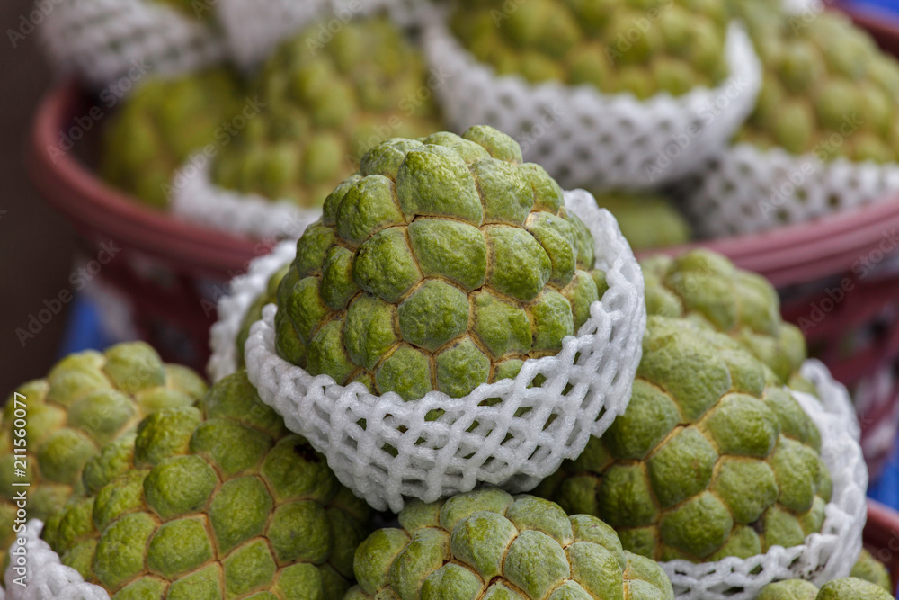 Cherimoya (Also Spelled Chirimoya) Fruit on display at a local market in Taiwan. This delicious fruit is also referred to as Annona in some South American countries.