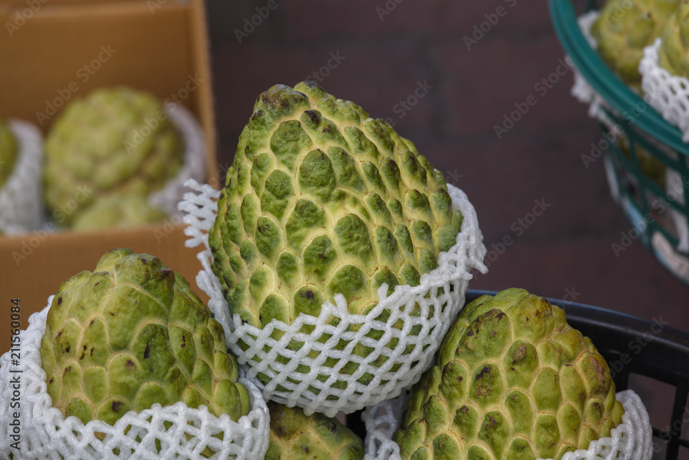 Cherimoya (Also Spelled Chirimoya) Fruit on display at a local market in Taiwan. This delicious fruit is also referred to as Annona in some South American countries. Cherimoya (Also Spelled Chirimoya) Fruit on display at a local market in Taiwan. This delicious fruit is also referred to as Annona in some South American countries.