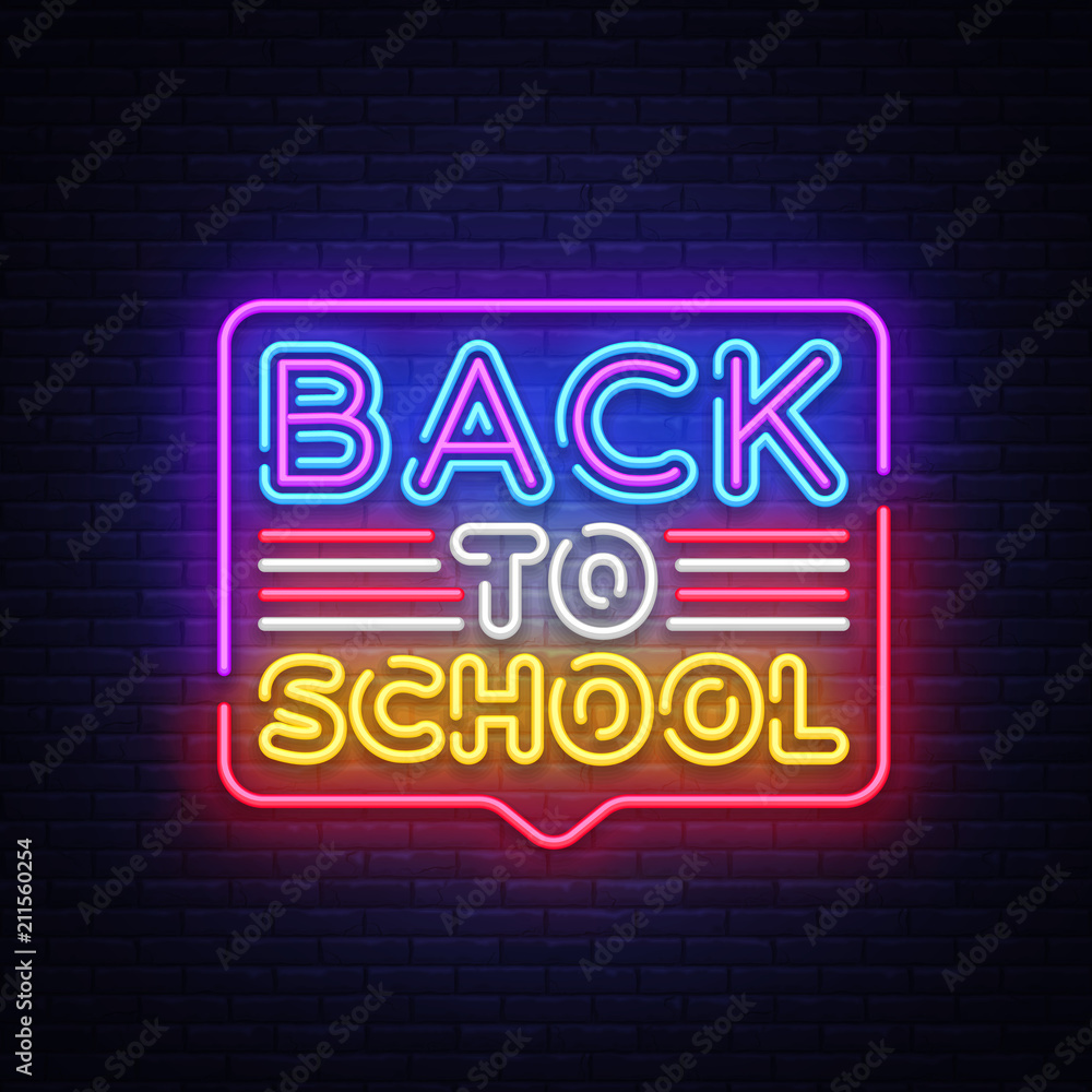 Back to School greeting card design template neon vector. Modern trend design, the beginning of the school year neon sign, light banner. Back to School for greeting card, invitation poster. Vector