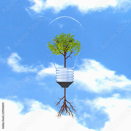 3d Light bulb with tree inside on sky