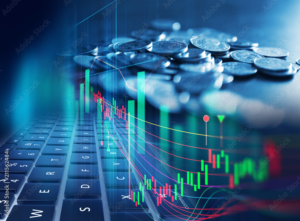 Obraz premium double exposure image of stock market investment graph and coins stack.