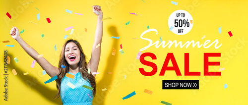 Summer sale with happy woman with confetti on a yellow background