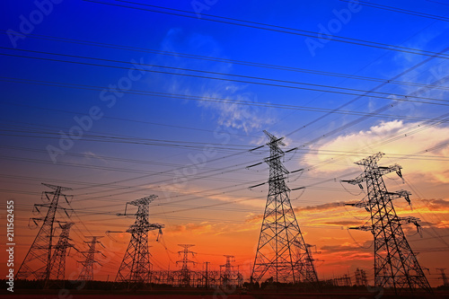 Electric tower, silhouette at sunset