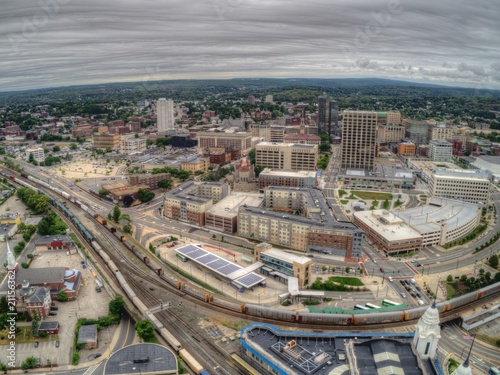 Aerial Drone View of Worcester, Massachusetts on a Cloudy Day photo
