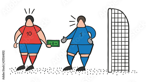 Vector cartoon soccer player man giving bribe and goalkeeper taking money