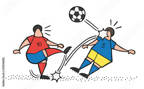 Vector cartoon soccer player man kicking ball and hitting other player's face