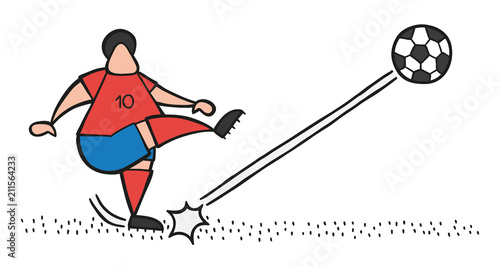 Vector cartoon soccer player man shooting ball on pitch