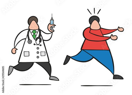 Vector cartoon doctor man with stethoscope and running, holding syringe ready for injection and patient scared and running away