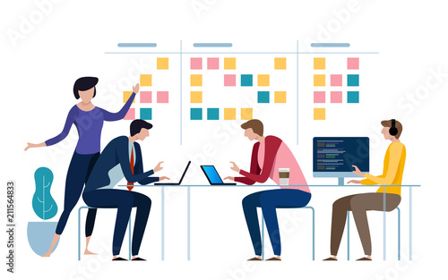 Agile business team of programmer working and make some planning on the scrum board. Whiteboard and process teamwork, scheme methodology. Vector illustration
