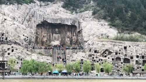 Panning view of the Longmen Grottoes in Luoyang, China