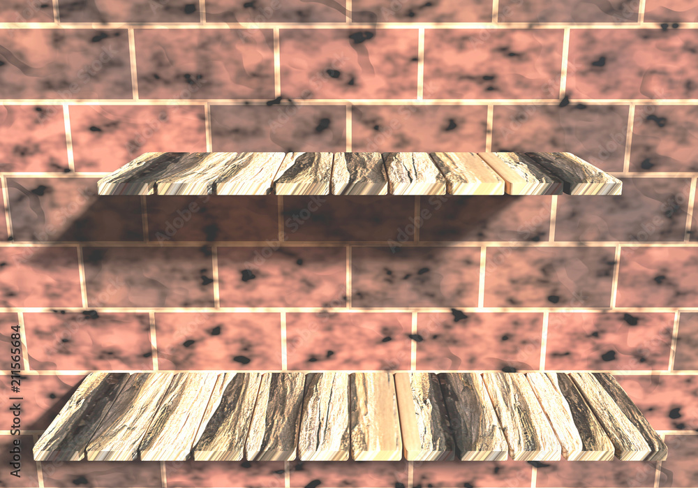 3D render of wooden shelves on brick wall