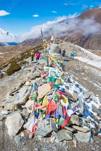 prayer flag and stupa on the mountain