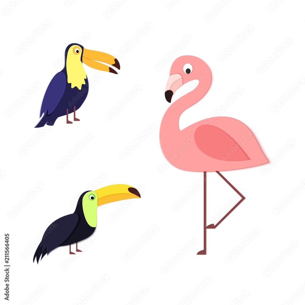 Obraz premium Set of tropical birds in trandy paper cut style. Craft flamingo and toucan on white background for package design, T-shirt printing. Vector card illustration in papercutting art style