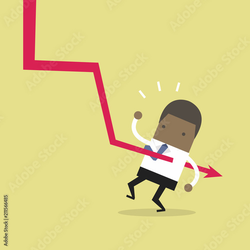 Down graph fall to African businessman.