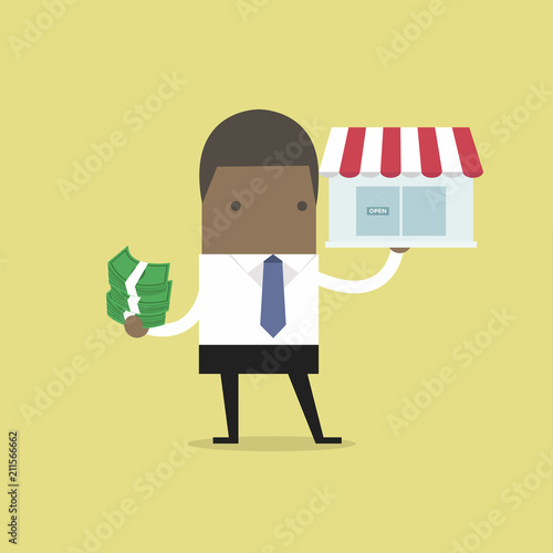 African businessman holding shop and money.