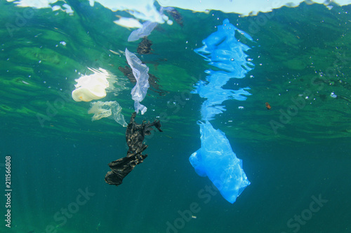 Plastic bags pollution in ocean. Underwater photo of plastic 