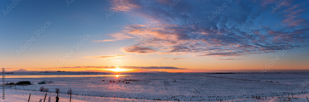 Panoramic winter sunrise landscape in Iceland