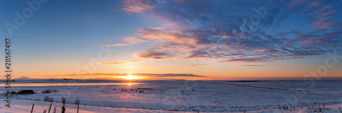 Panoramic winter sunrise landscape in Iceland