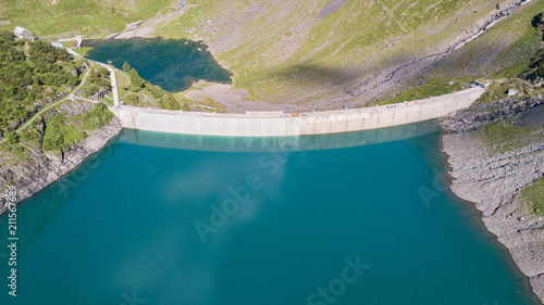 Aerial view of the dam of the Lake Barbellino  an Alpine artificial lake. Italian Alps. Italy